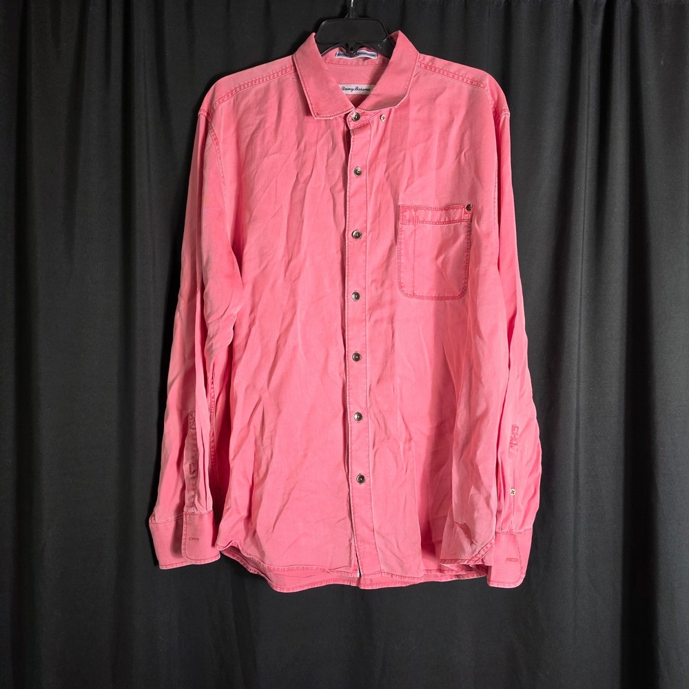 Tommy Bahama Mens Coral Pink Twill‎ Button Down Long Sleeve Shirt Relaxed Fit